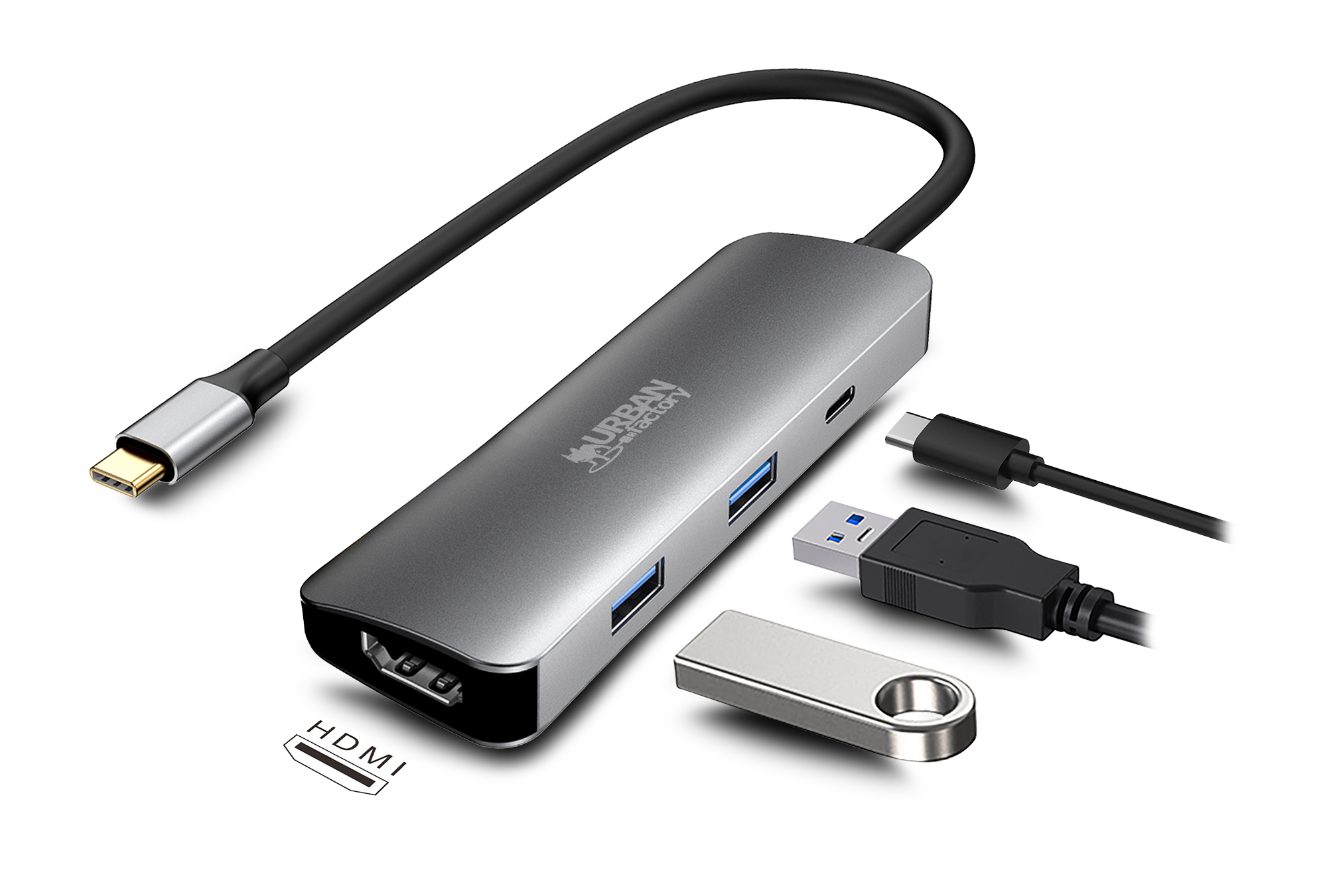 Hub USB-C grigio con porte HDMI, USB-A e cavo.