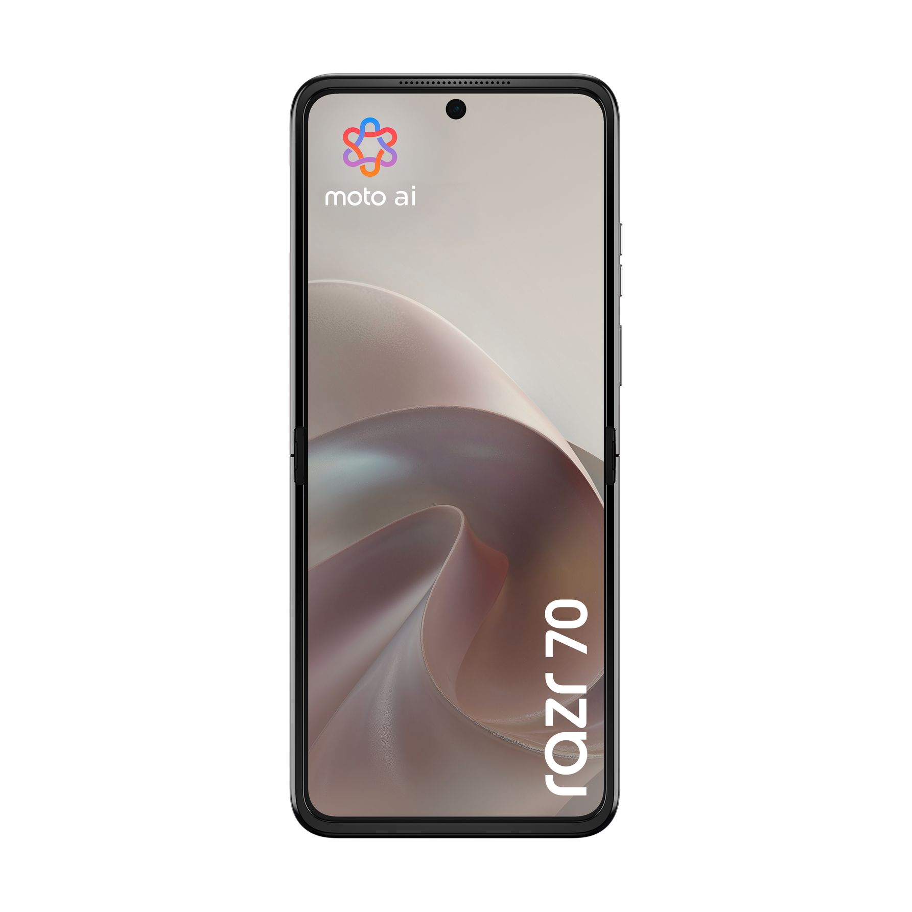 Uno smartphone Motorola Razr 70 nero con il logo Moto AI.
