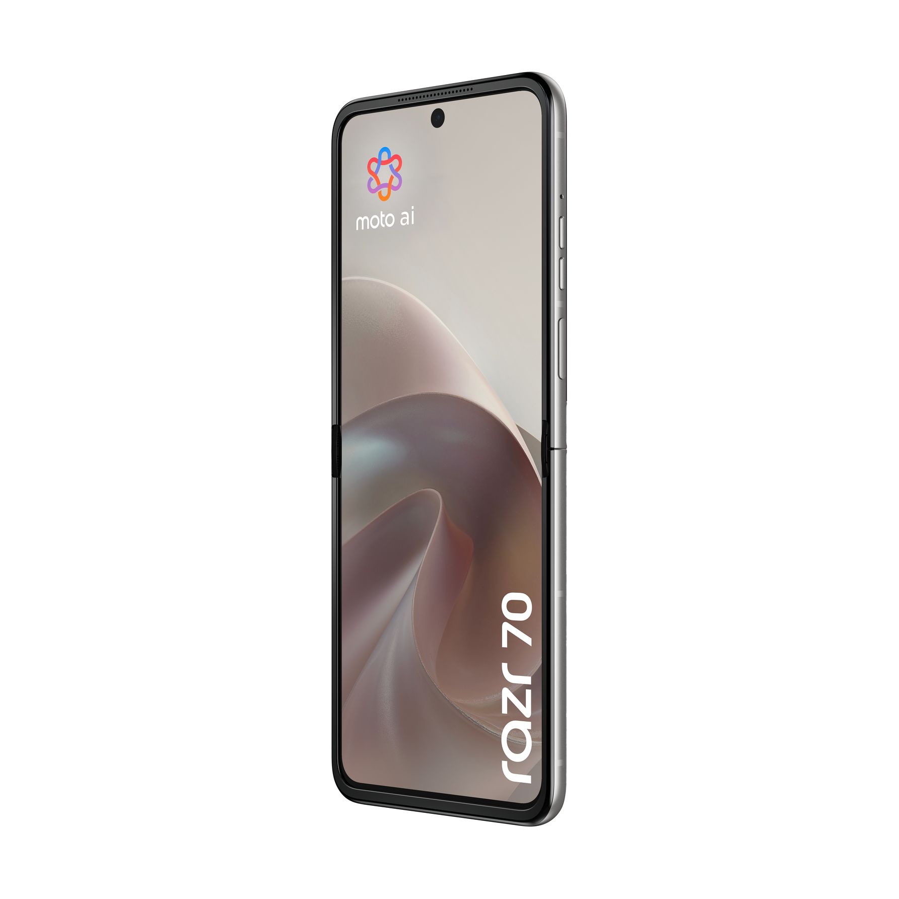 Un flip phone Motorola Razr 70 grigio chiuso con logo Moto AI.