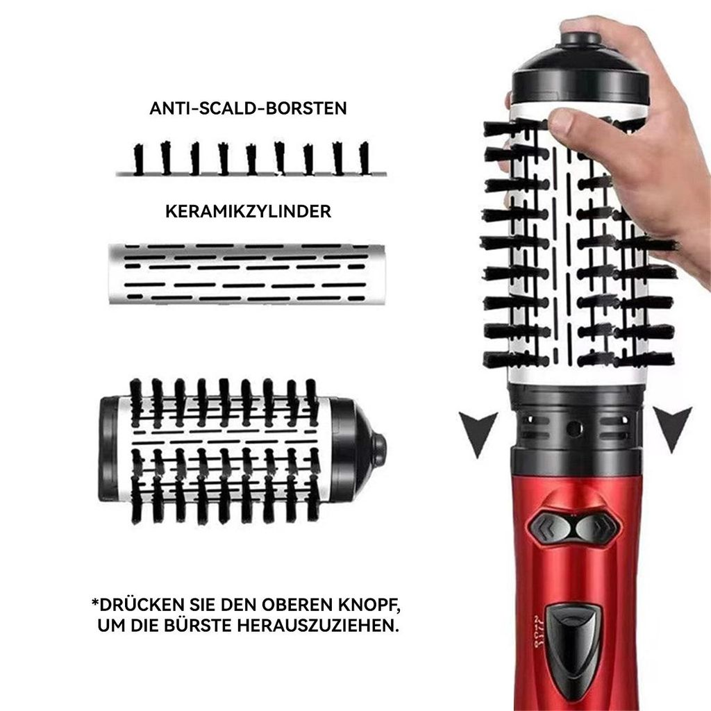 Ein roter Haarstyler mit Zubehörteilen und Anleitung.