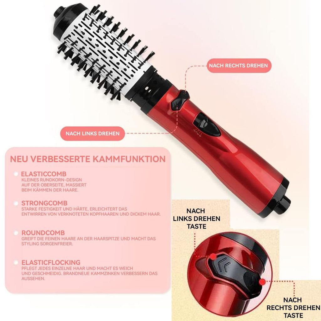 Roter rotierender Lockenstab mit Kammaufsätzen und Bedienungsanleitung.