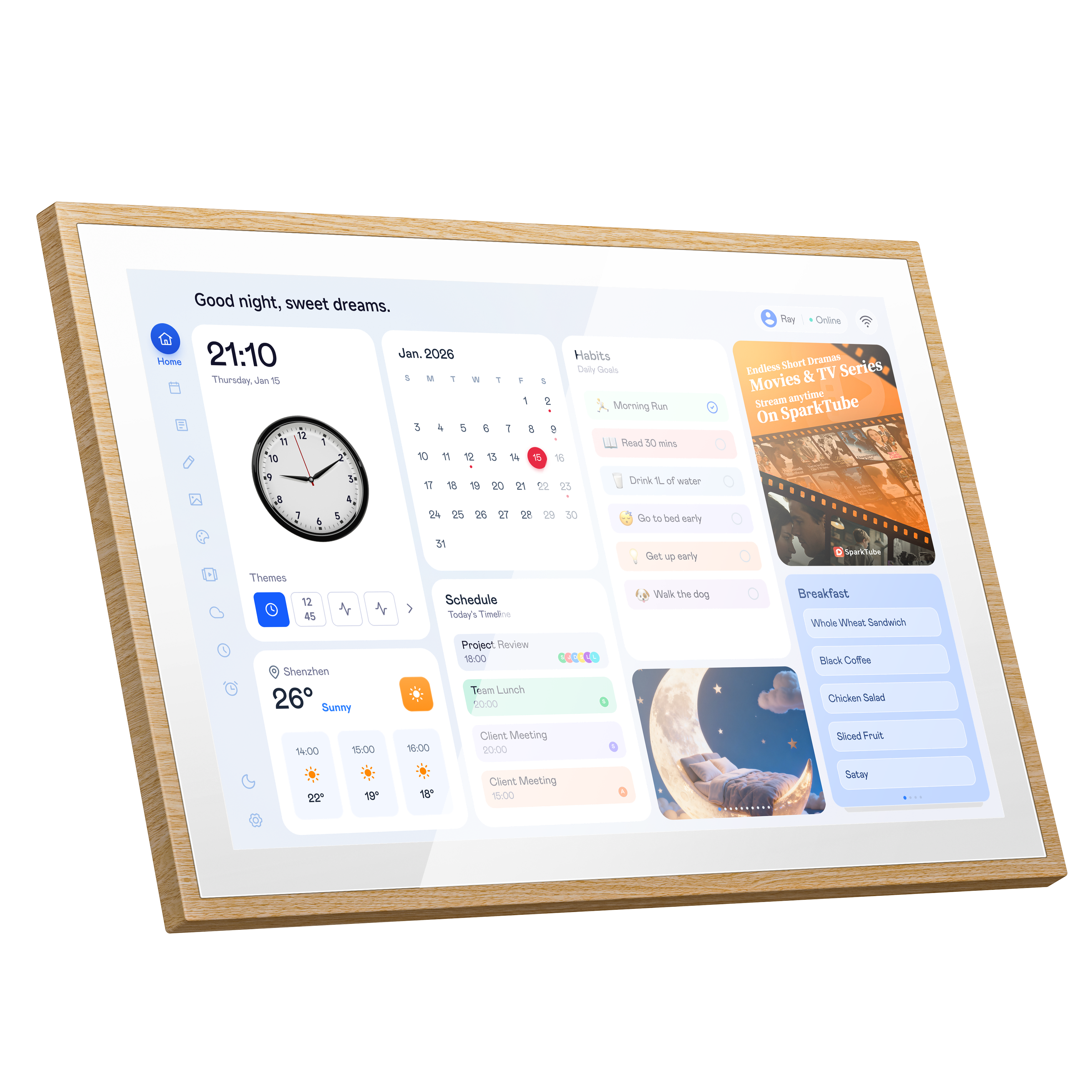 Ein digitales Display zeigt Uhrzeit, Kalender, Wetter und To-Do-Listen.