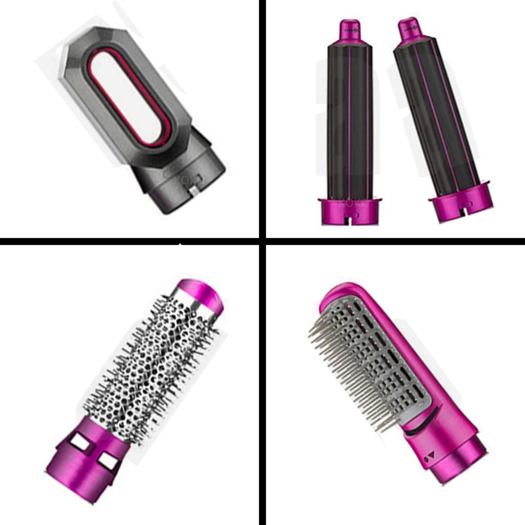 Vier Haarpflegeaufsätze: ein silberner Griff, zwei schwarze Zylinder und ein pinker Kamm.