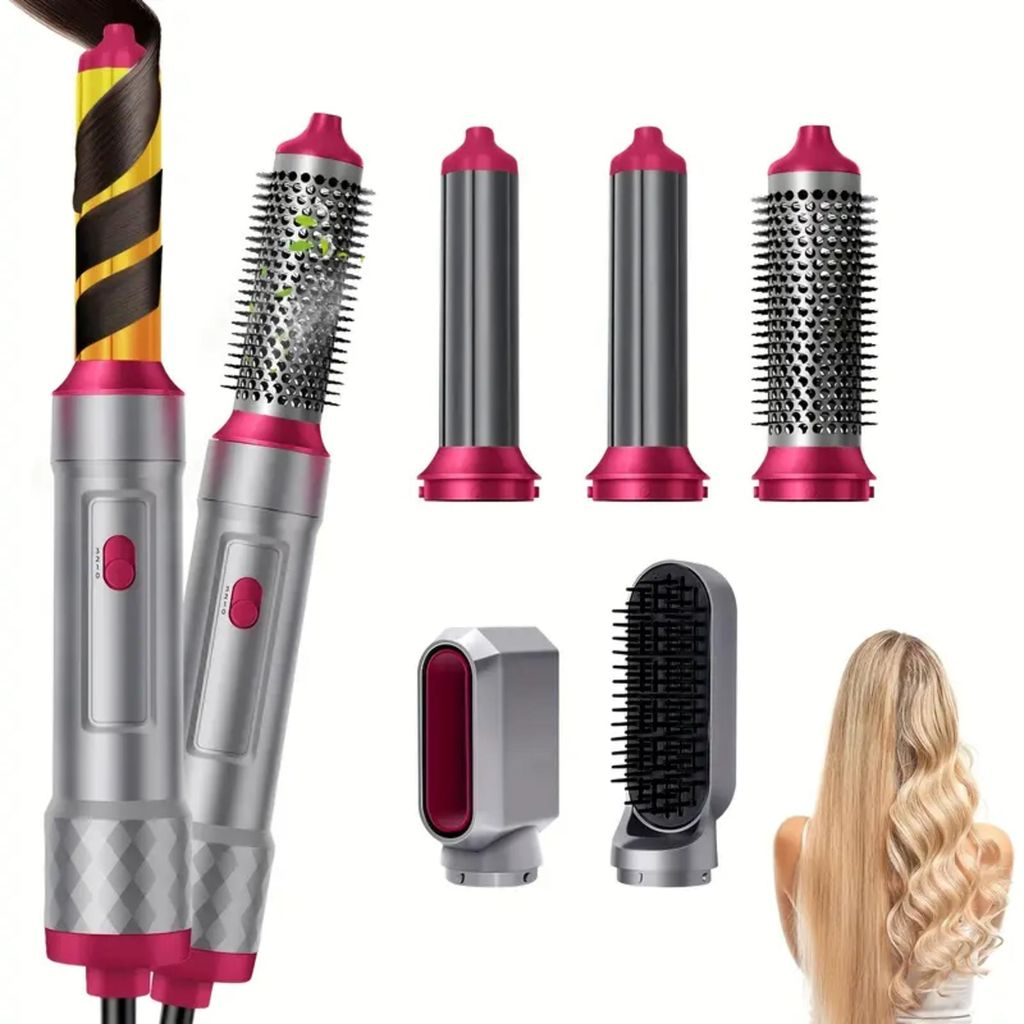 Ein Haarstyling-Set mit silbernen Geräten, Lockenaufsätzen, Bürsten und einem Kamm.