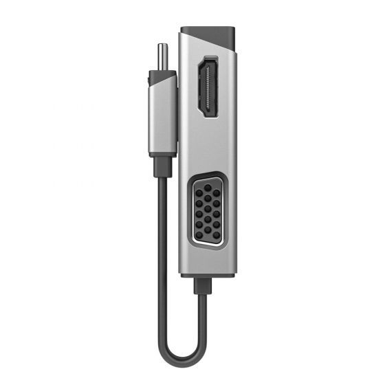 Silberner Adapter mit HDMI- und VGA-Anschlüssen und USB-C-Kabel.