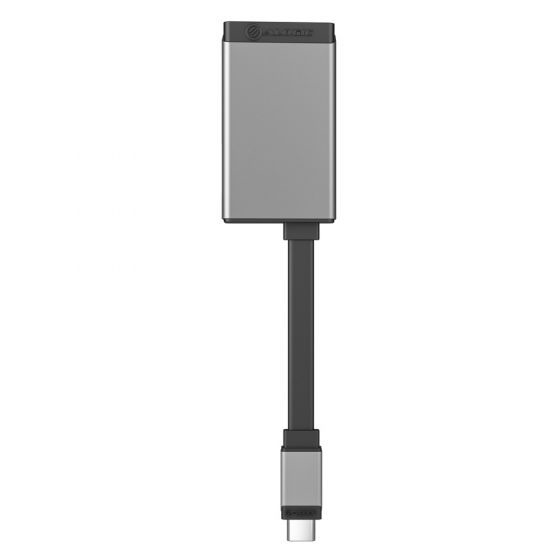 Ein silberner USB-C-Adapter mit schwarzem Kabel und einem silbernen Stecker.