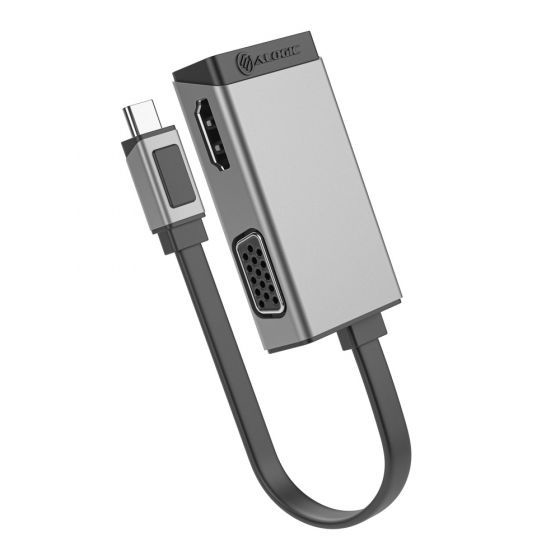 Silberner USB-C-Adapter mit HDMI-, VGA-Anschlüssen und Kabel.