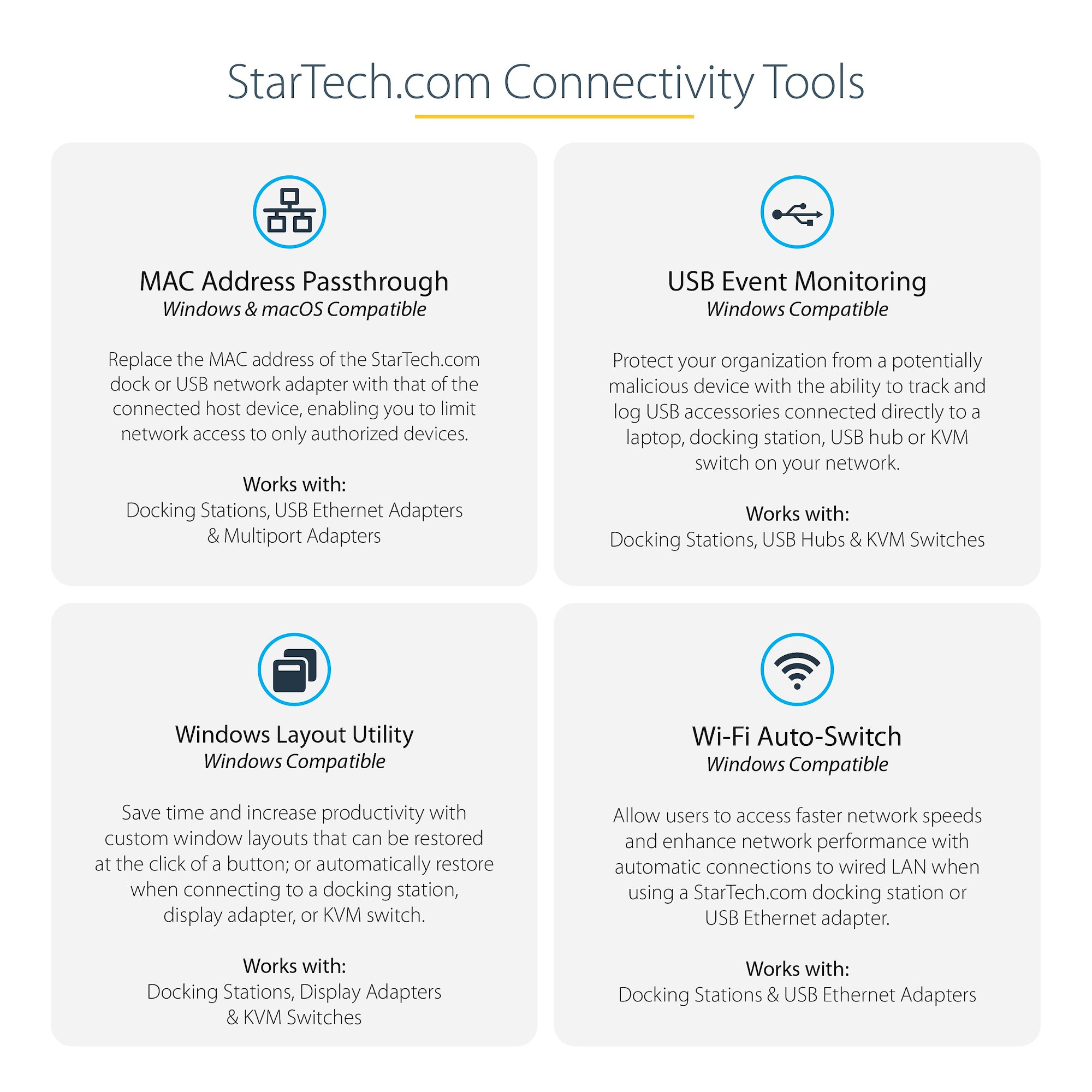 Strumenti di Connettività StarTech.com: Pass-through Indirizzo MAC, Monitoraggio Eventi USB, Utilità Layout Windows, Auto-Switch Wi-Fi.