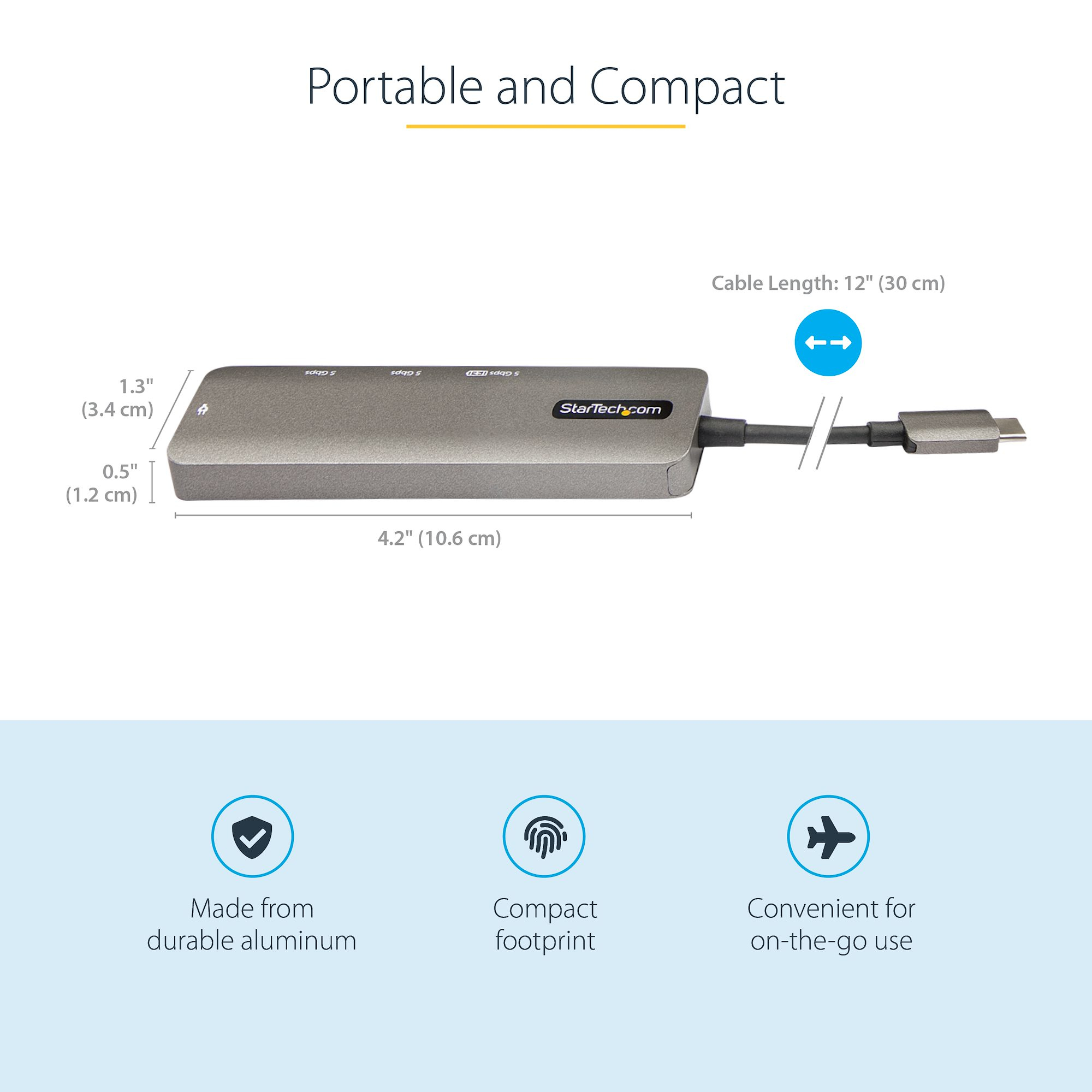 Hub USB-C grigio che mostra porte, dimensioni e cavo. Portatile e compatto.
