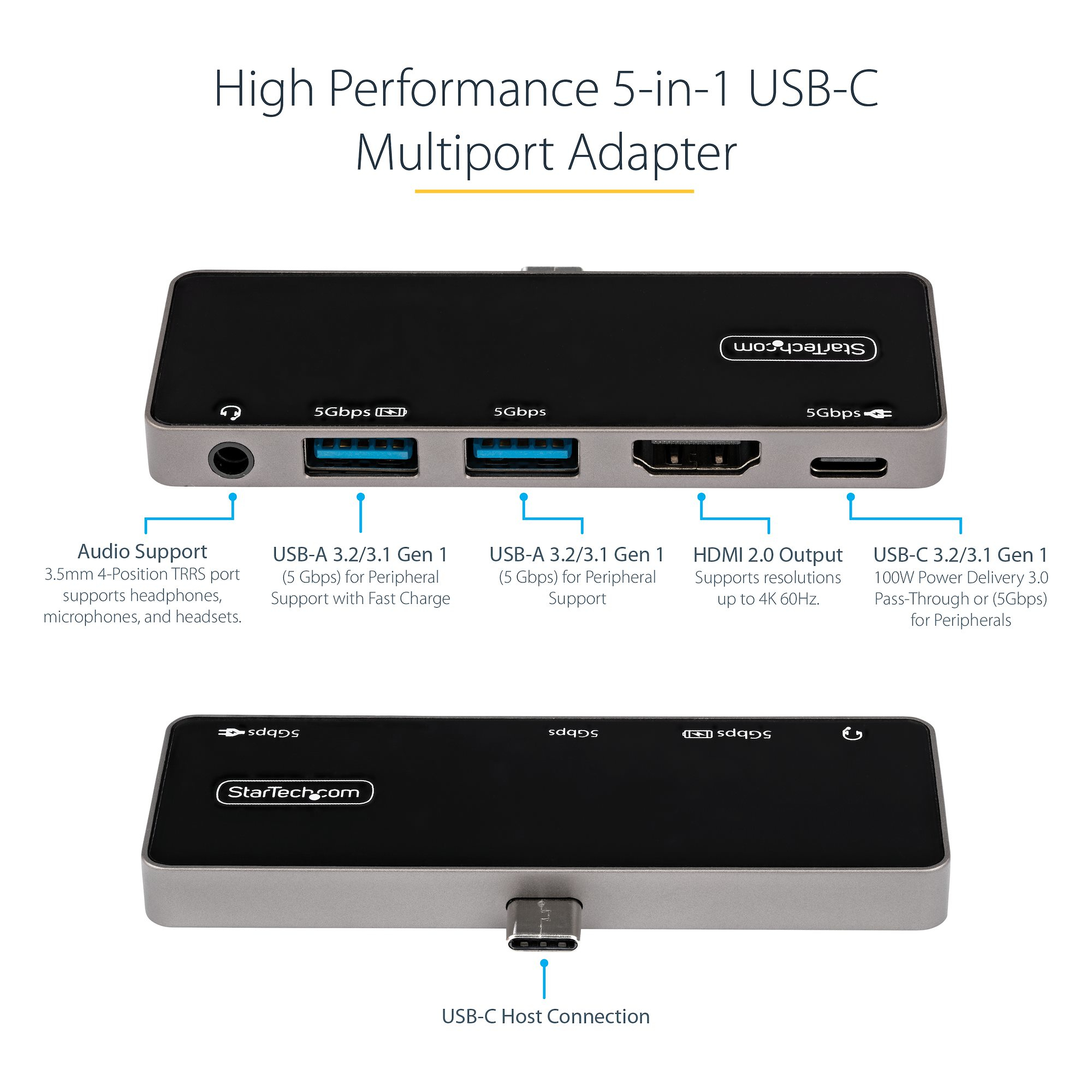 Un adattatore USB-C argentato e nero con porte Audio, 2x USB-A, HDMI e USB-C.