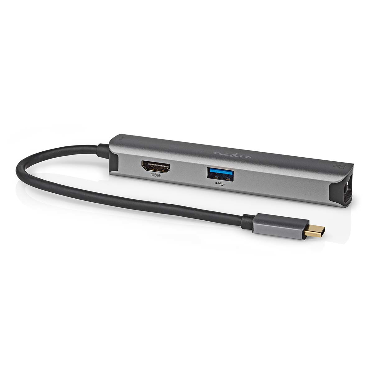 Hub USB-C grigio con porte HDMI e USB-A e cavo collegato.