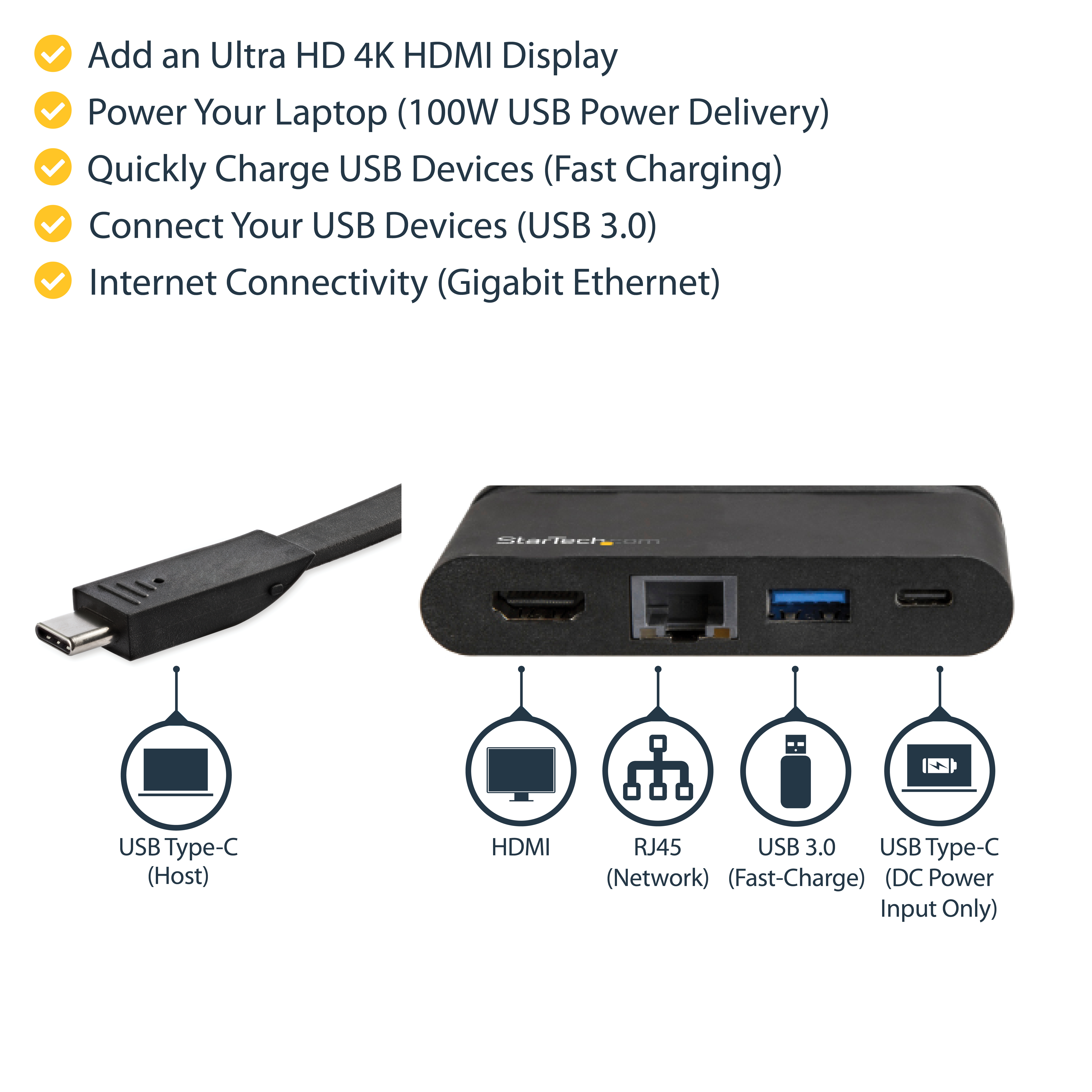 Un hub USB-C con HDMI, RJ45, USB 3.0 e porta di ricarica USB-C.