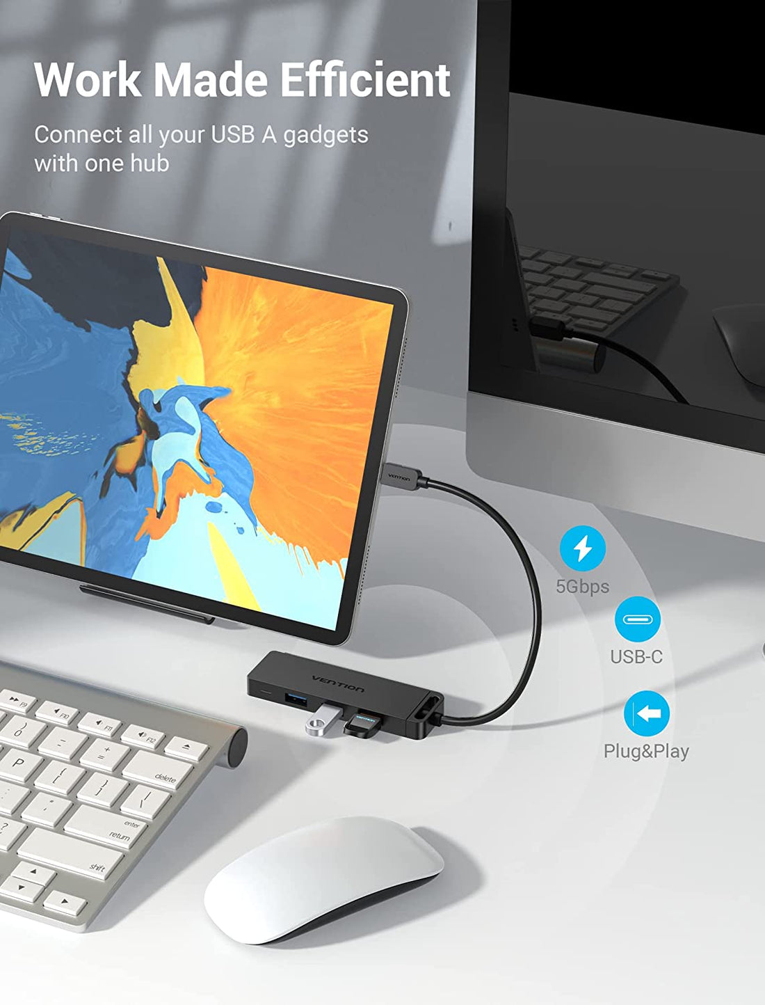 Un hub USB Vention negro conecta una tablet y un teclado. Iconos muestran 5Gbps, USB-C, Plug&Play.