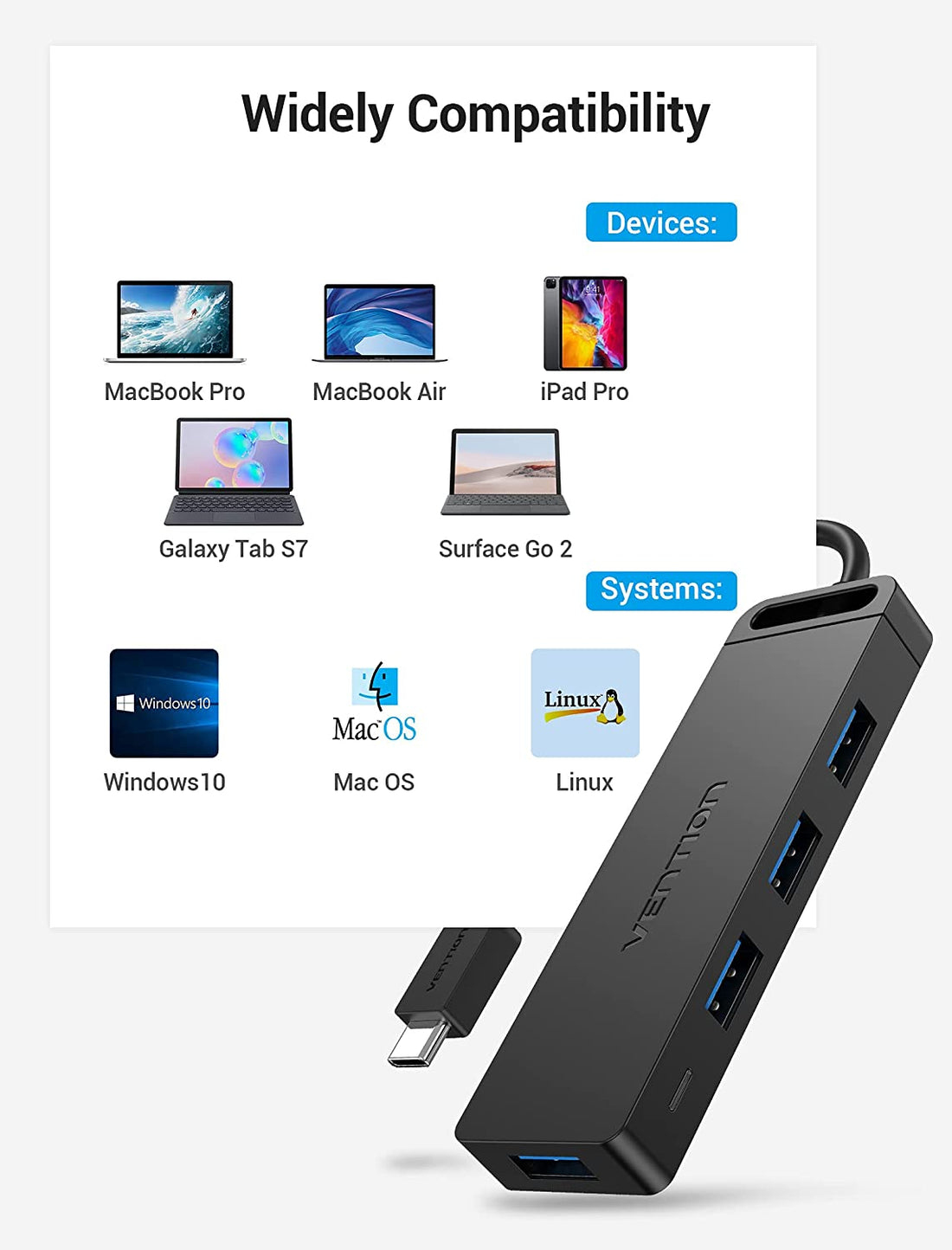 Hub USB negro de tres puertos, compatible con portátiles y tabletas.