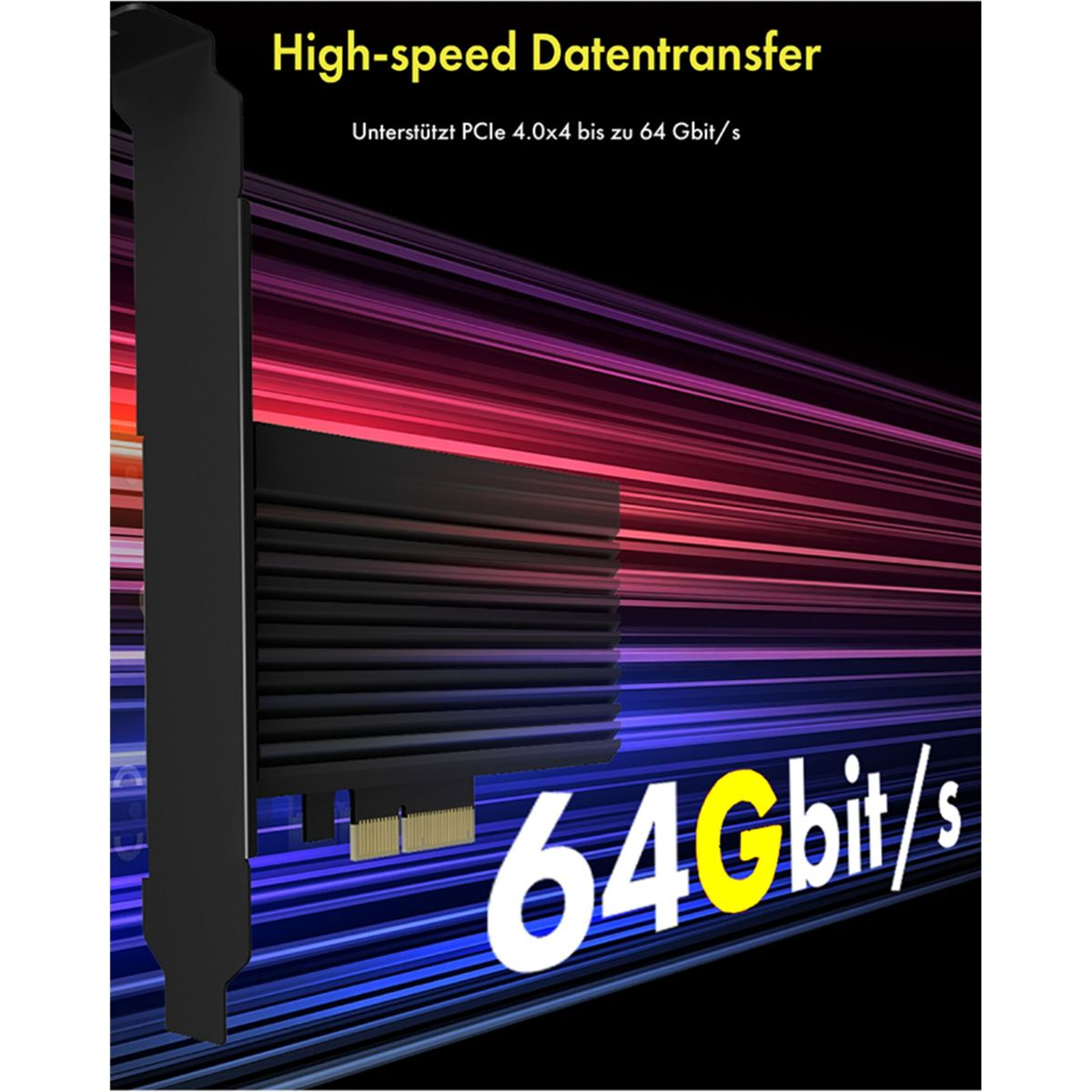 Eine PCIe-Karte mit Kühlkörper und 64 Gbit/s auf Hintergrundstreifen.