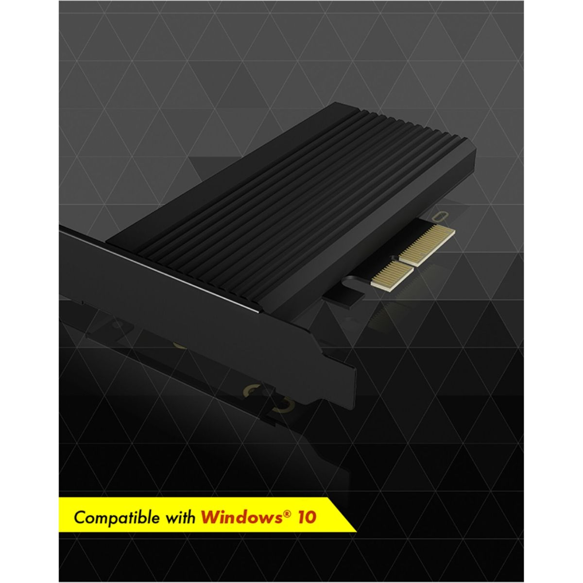 Schwarze SSD-Erweiterungskarte mit Kühlkörper und goldenen Anschlüssen. Kompatibel mit Windows 10.