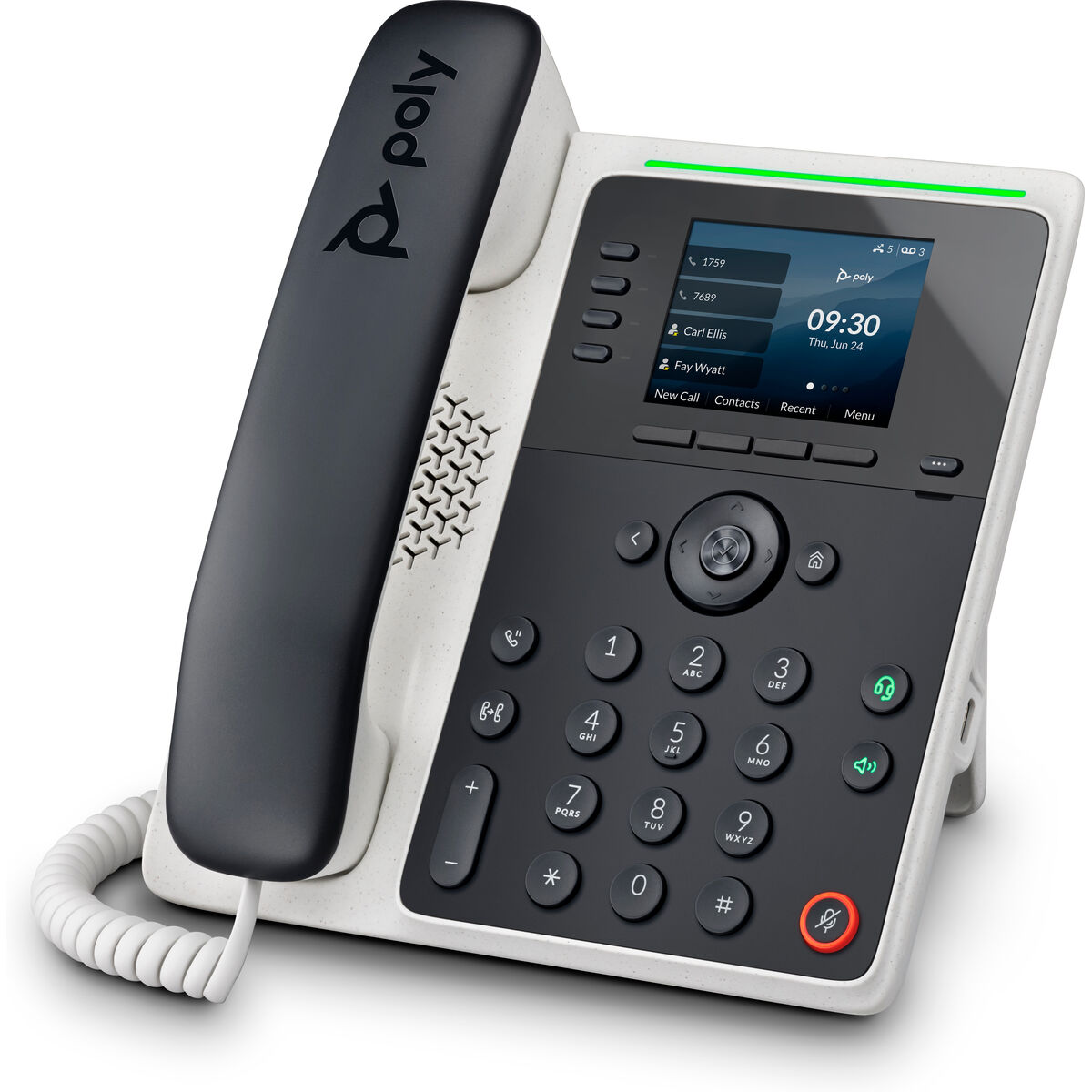 Un telefono Poly bianco con cornetta nera e display a colori che mostra ora e contatti.