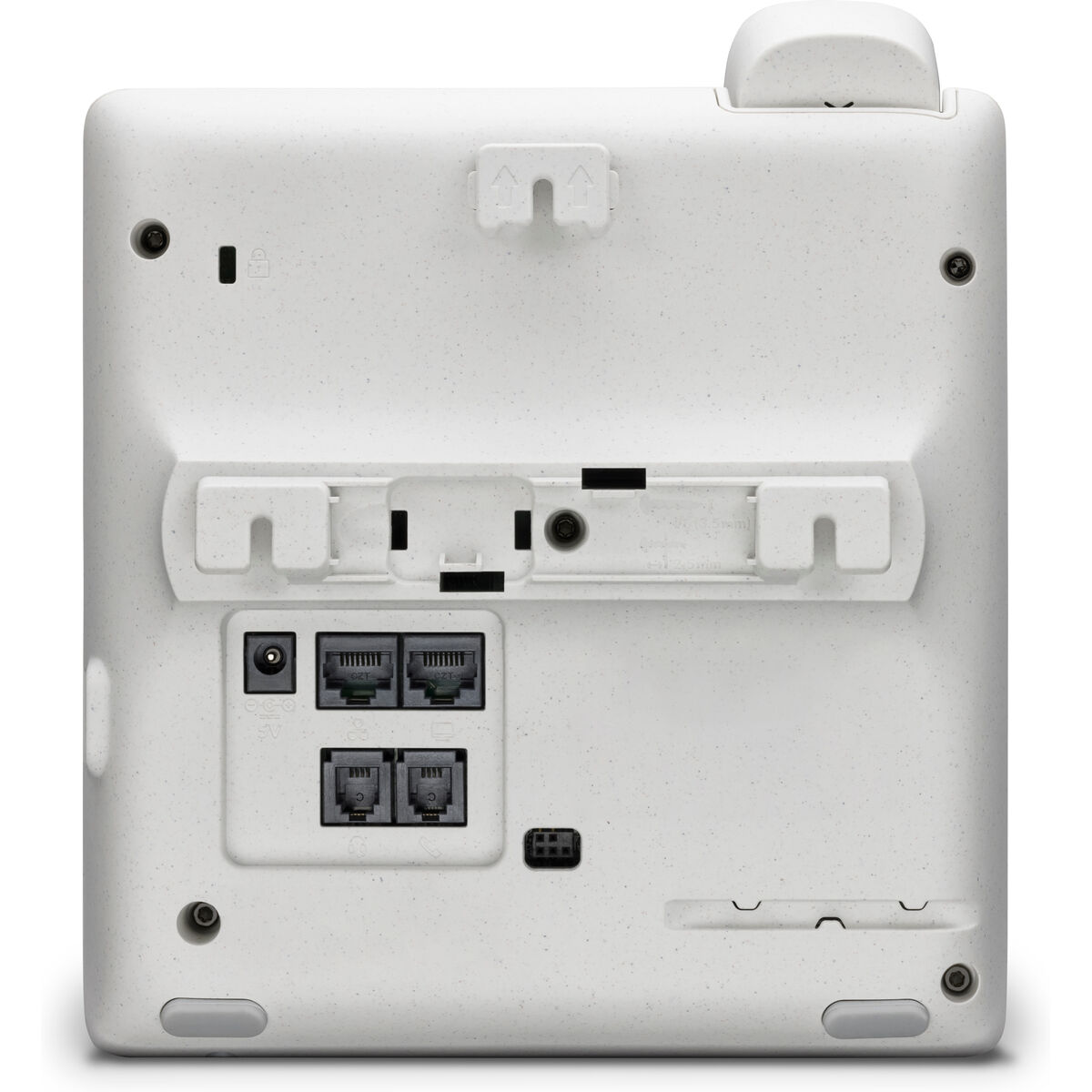Retro di un telefono bianco con porte: alimentazione, 2x Ethernet, 2x telefono e USB-C.