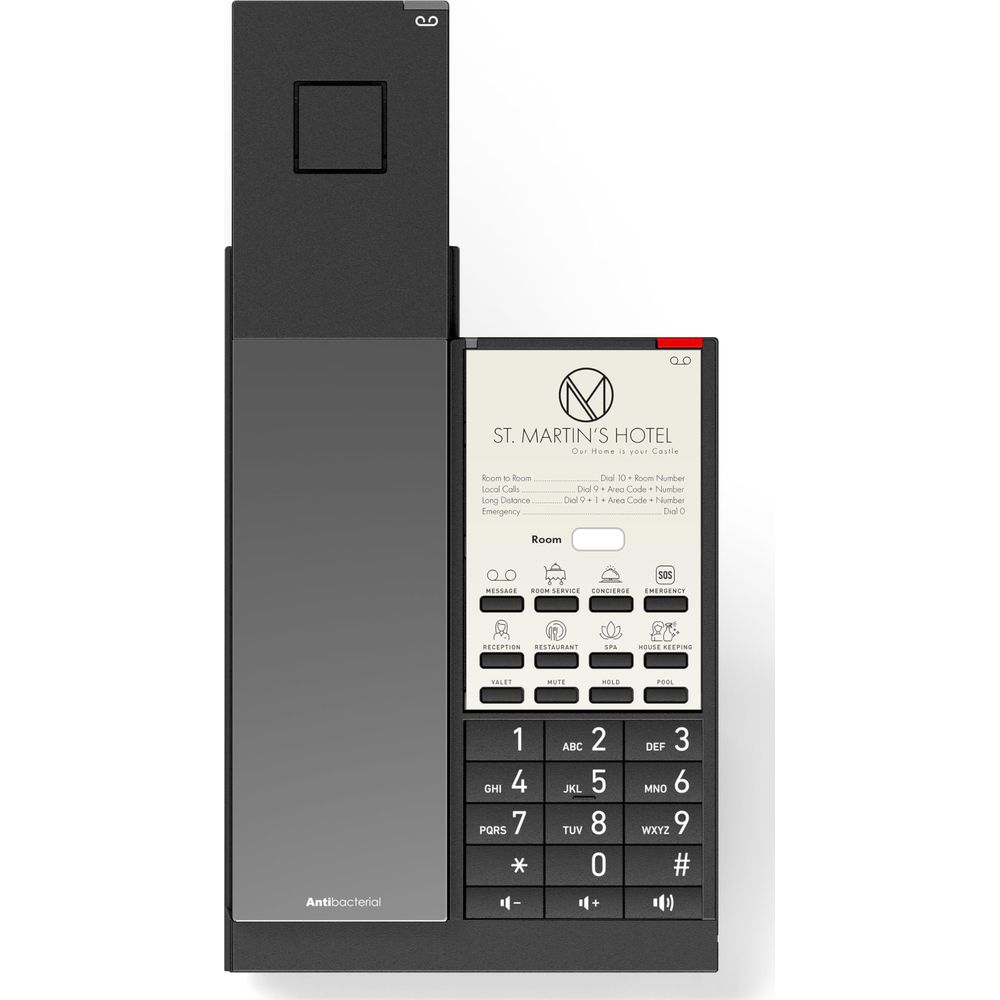 Un telefono da hotel nero con display retroilluminato e tastiera. Include informazioni sull'hotel.