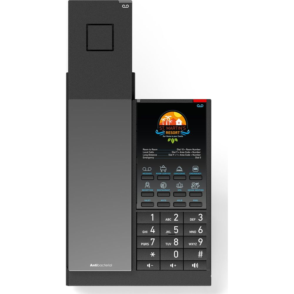 Un telefono da hotel nero con display touchscreen e tastiera. In alto è visibile un logo.