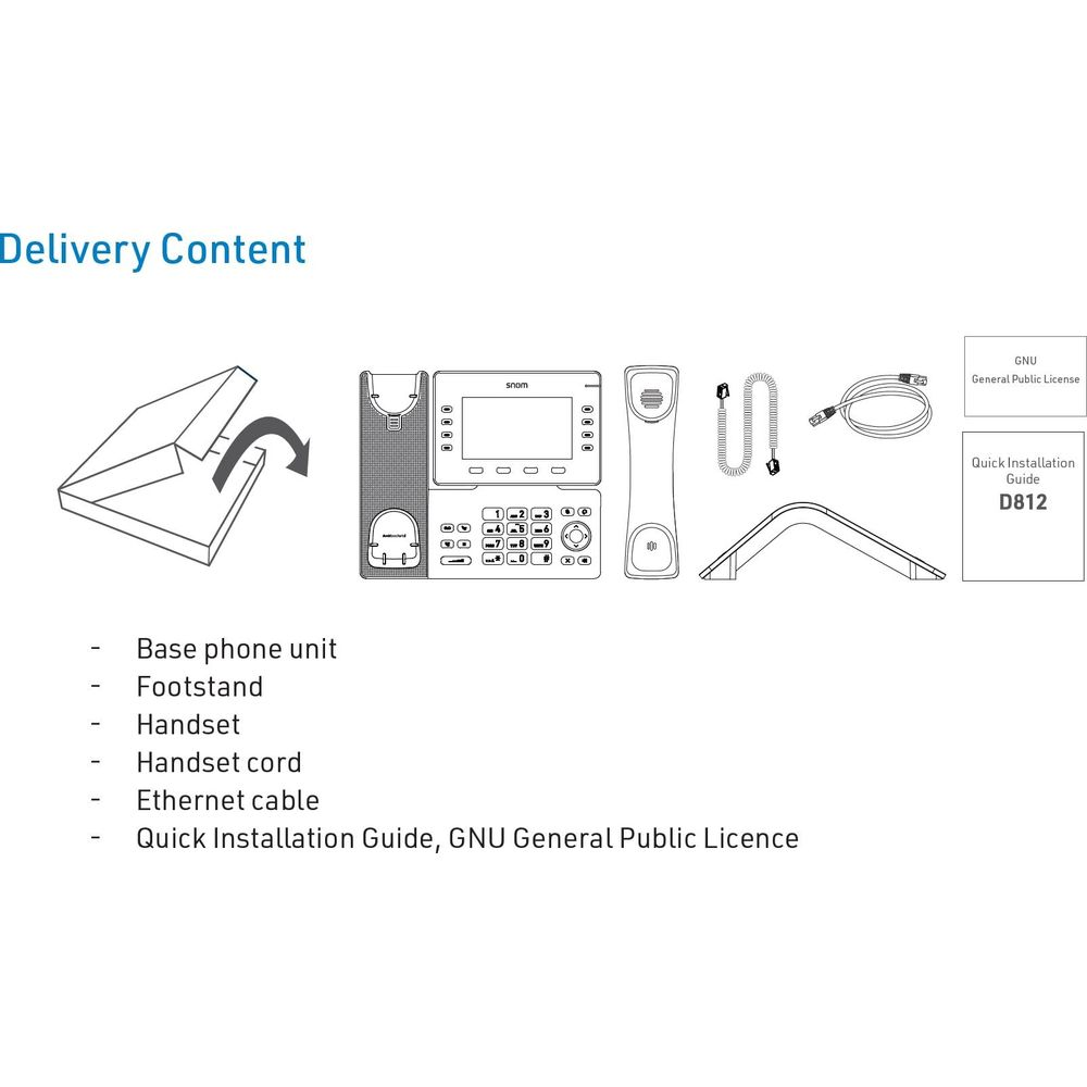 Contenuto della consegna: base telefono, supporto, ricevitore, cavo ricevitore, cavo Ethernet, guide.
