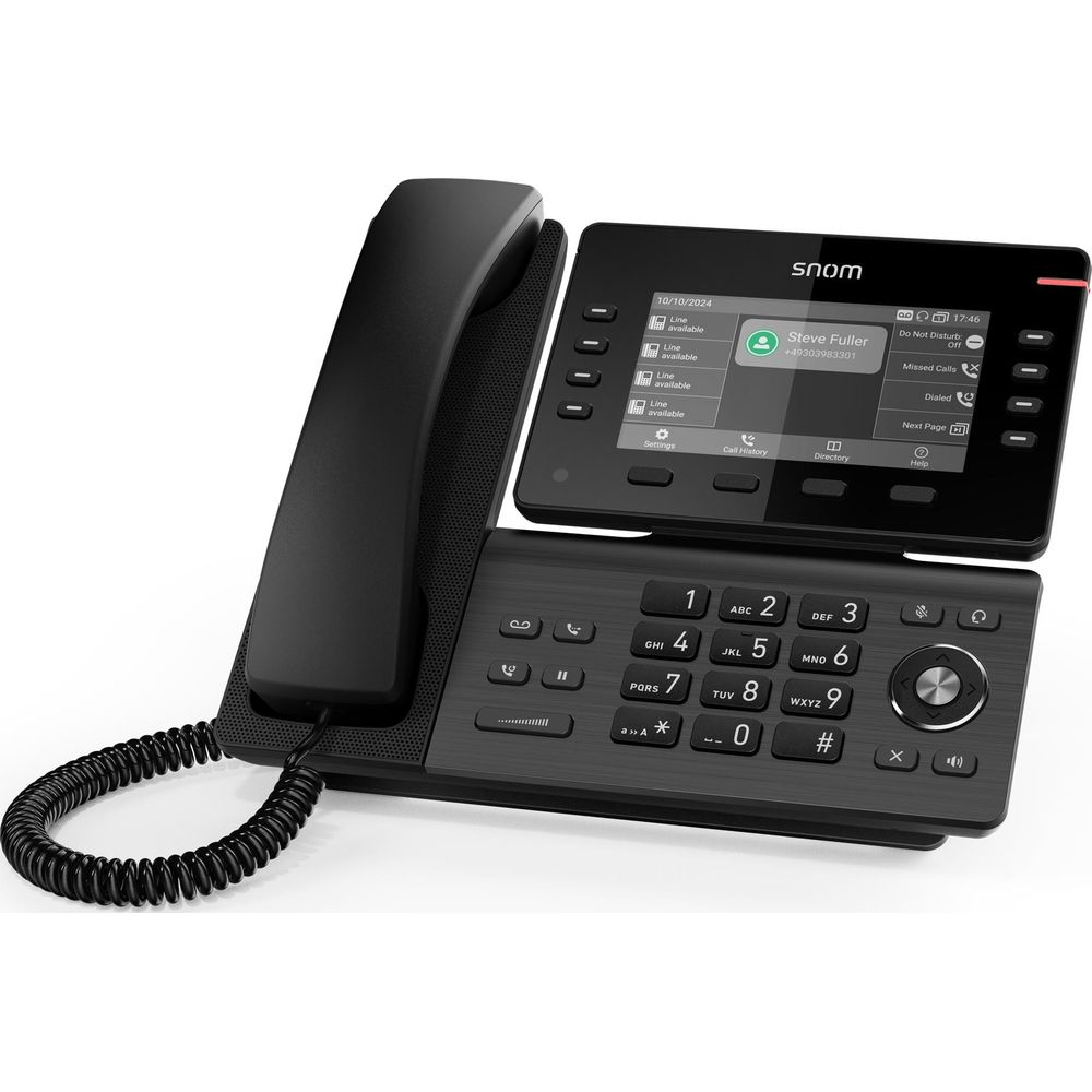 Un telefono da scrivania Snom nero con cornetta, touchscreen e tastiera.