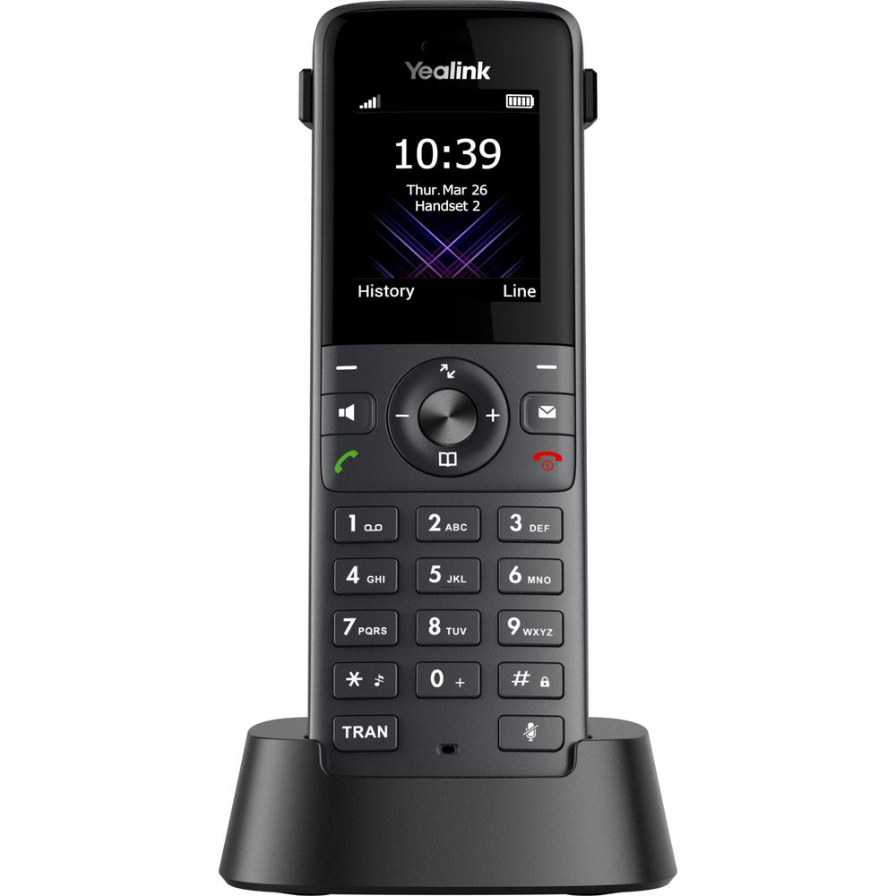 Un telefono cordless nero Yealink con base di ricarica. L'ora è 10:39.