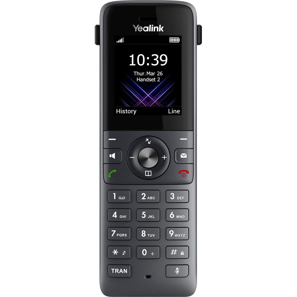 Un telefono cordless Yealink grigio con display, tastiera e pulsante altoparlante.