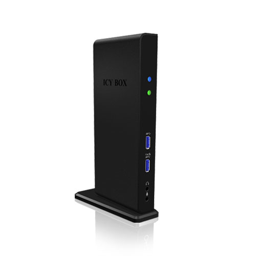 Support noir ICY BOX avec deux ports USB et deux voyants lumineux.