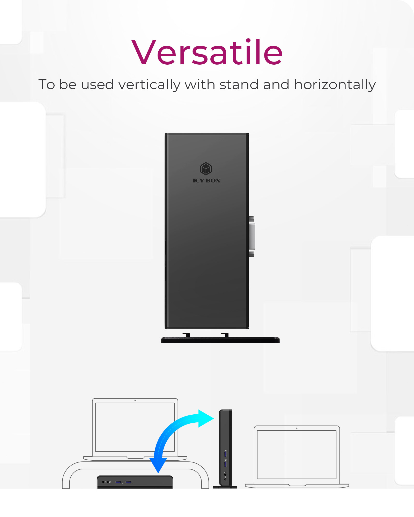 Un appareil ICY BOX noir présenté verticalement sur un support, avec des ordinateurs portables à côté.