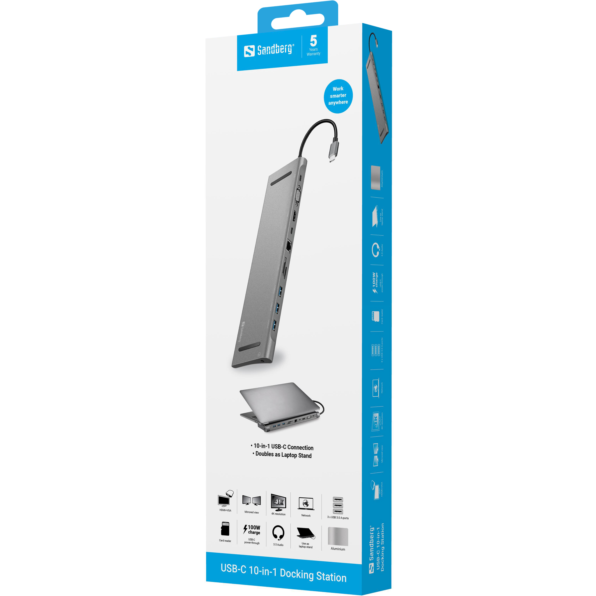 Stazione di docking Sandberg USB-C 10 in 1 con supporto per laptop, porte e ricarica da 100W.