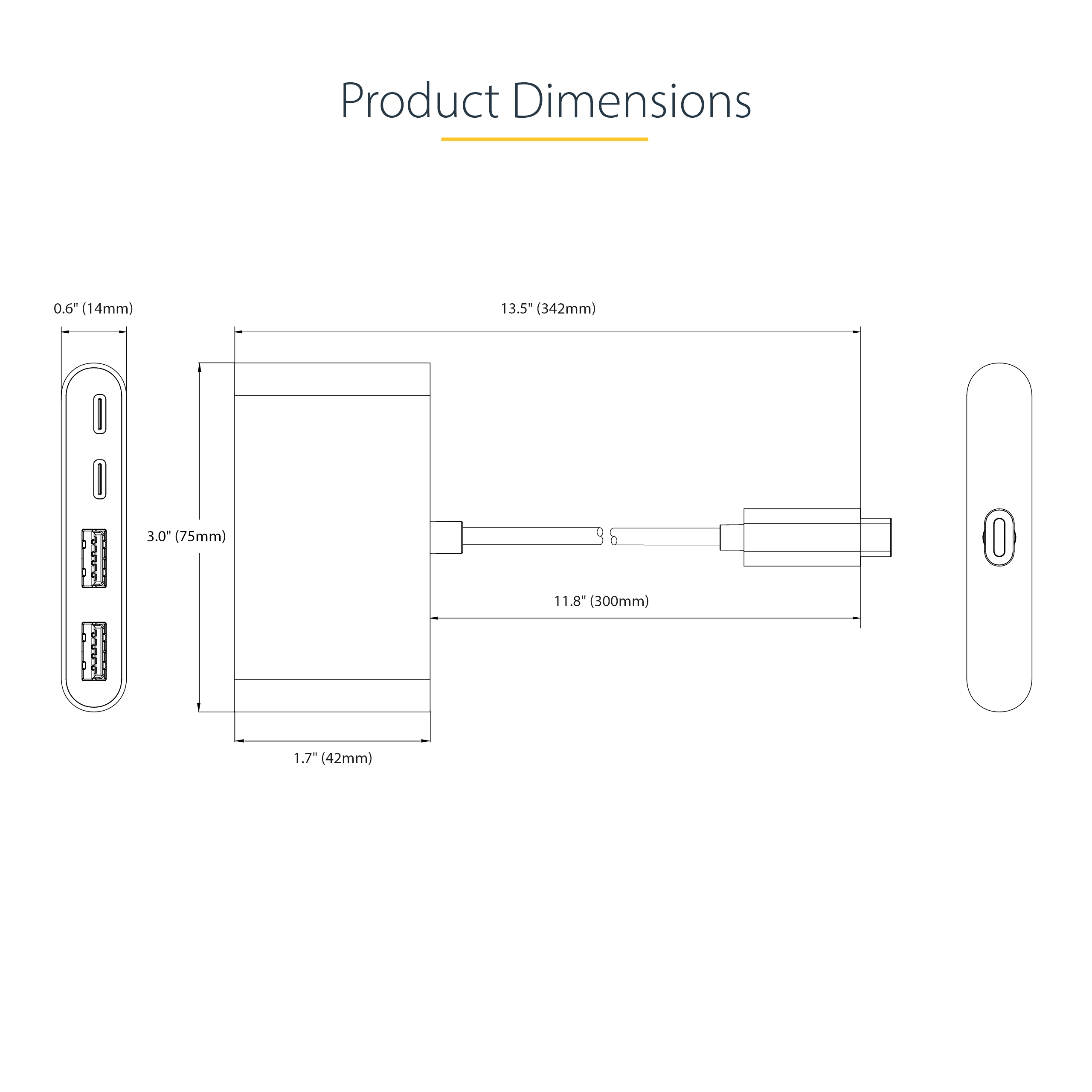 Disegno tecnico di un hub USB con dimensioni: 14mm di larghezza, 75mm di altezza, 42mm di profondità.