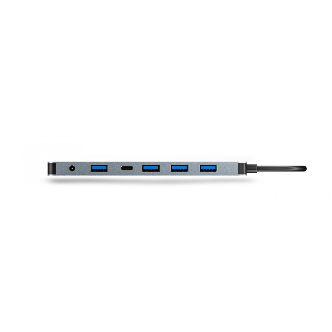 Un hub USB gris avec quatre ports et un câble sur fond blanc.
