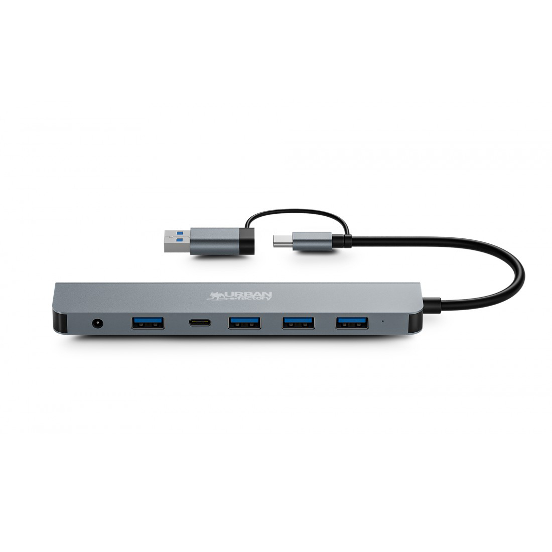 Hub USB-C gris avec quatre ports USB-A et un port USB-C.