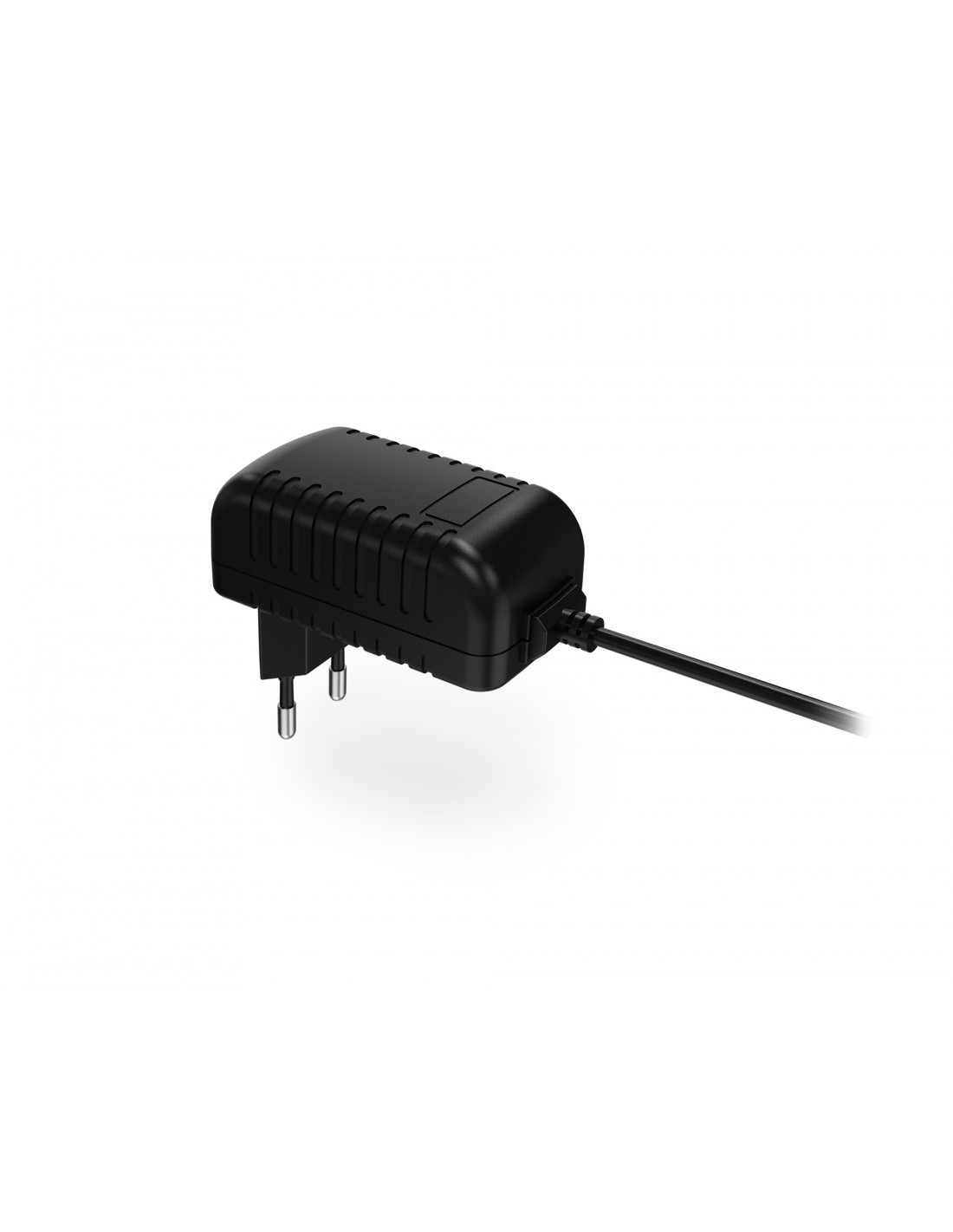 Adaptateur secteur noir avec câble sur fond blanc.