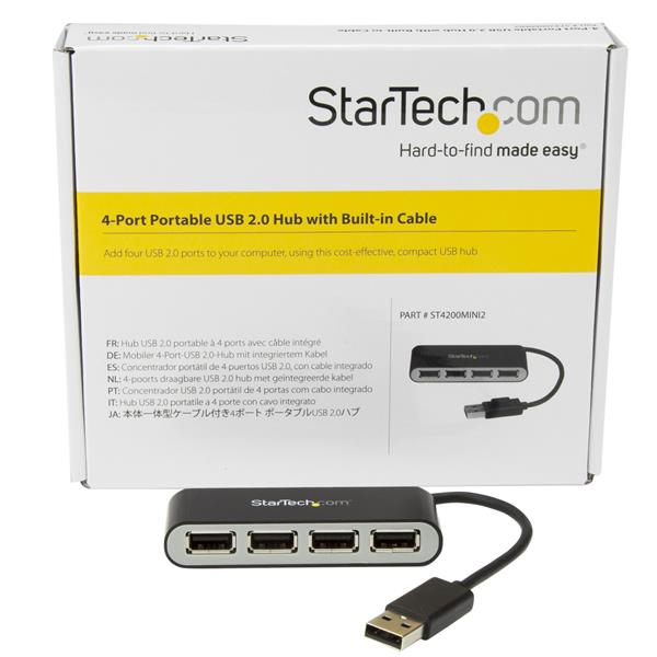 Hub USB 2.0 nero a 4 porte con cavo integrato e logo StarTech.com.