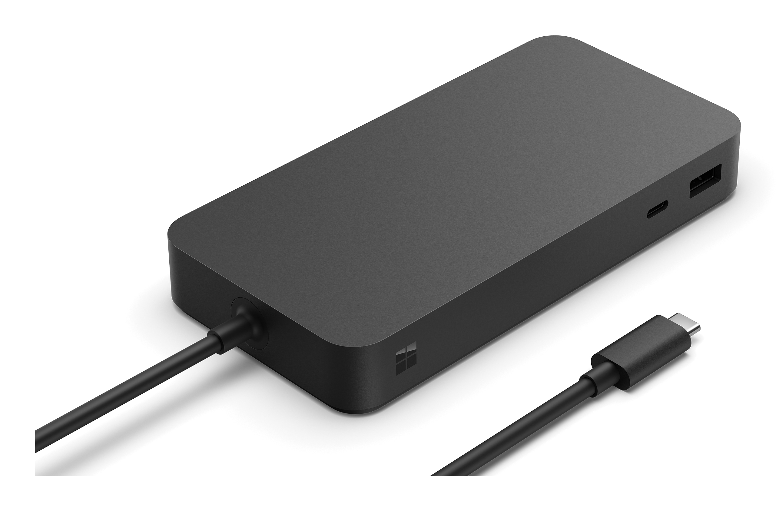 Un alimentatore nero con cavo USB-C e porta USB-A.