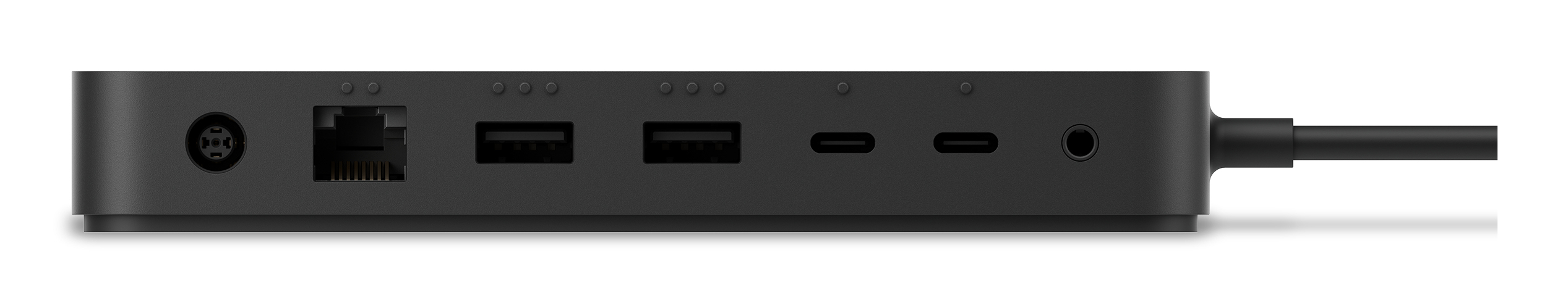Stazione di docking nera con porte USB, Ethernet, audio e un cavo.