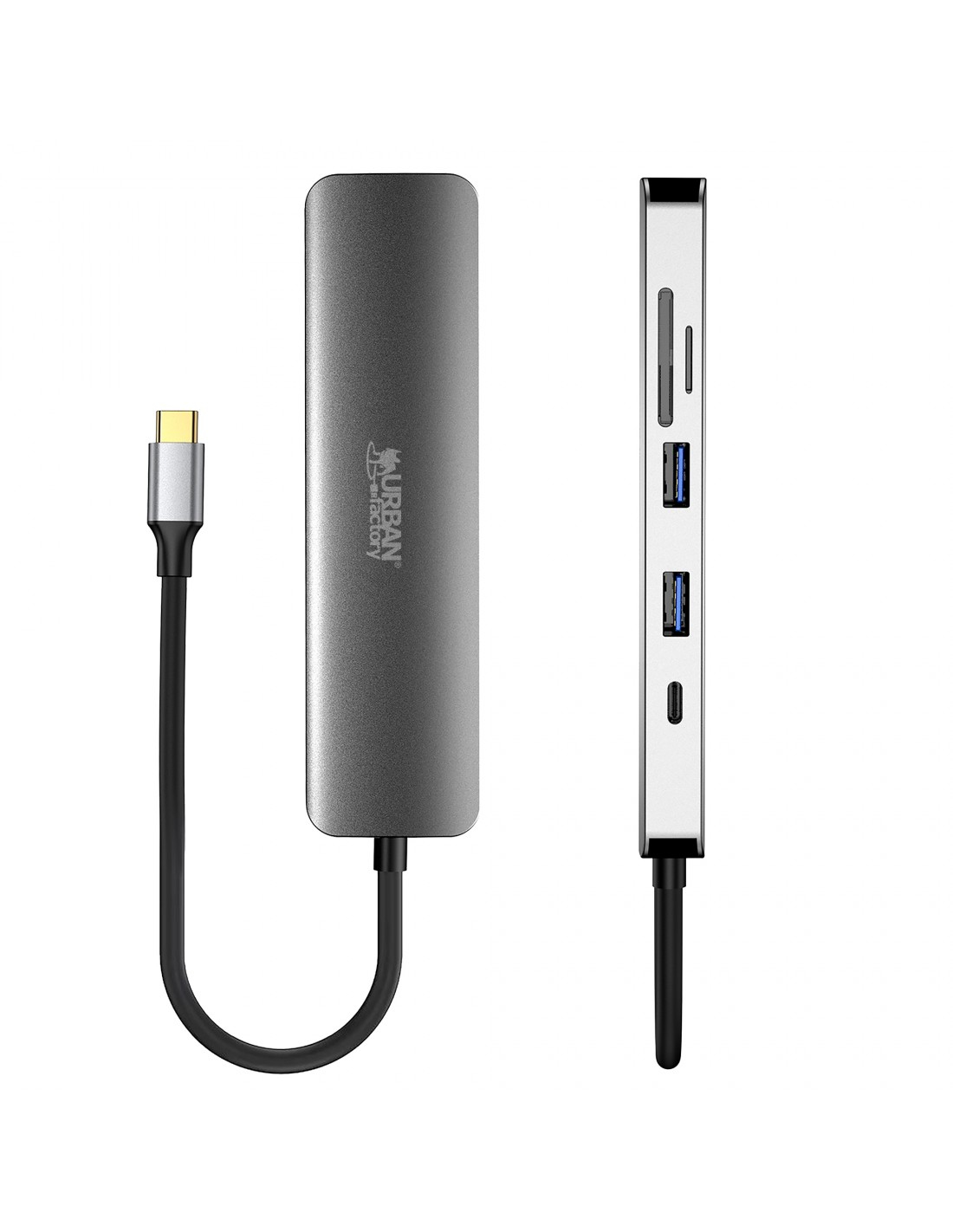 Hub USB-C grigio con connettore argentato, slot per schede SD e porte USB.
