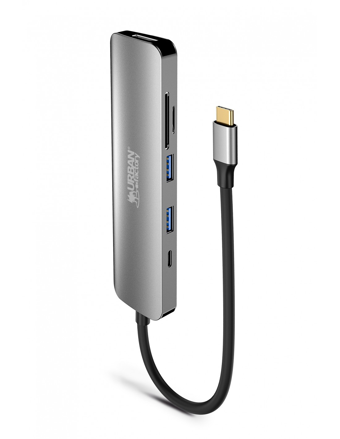 Hub USB-C grigio con slot per schede SD, due porte USB e cavo USB-C.