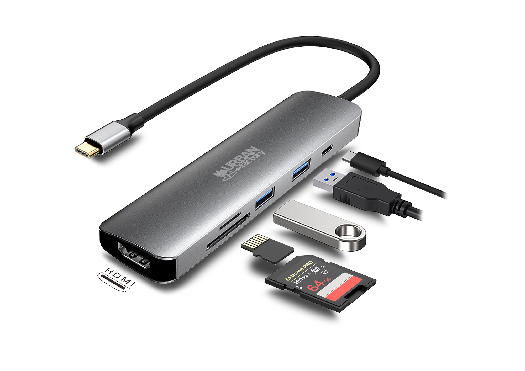 Hub USB-C grigio con HDMI, porte USB, slot per schede SD e Micro SD.