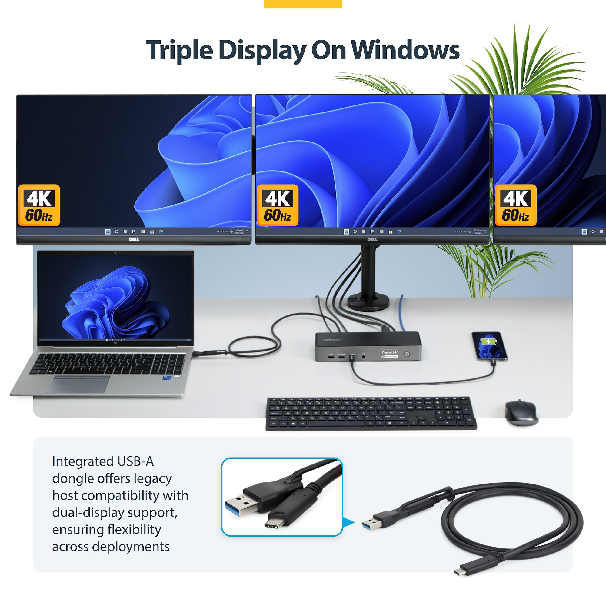 Tre monitor 4K 60Hz e un laptop collegati tramite una docking station.
