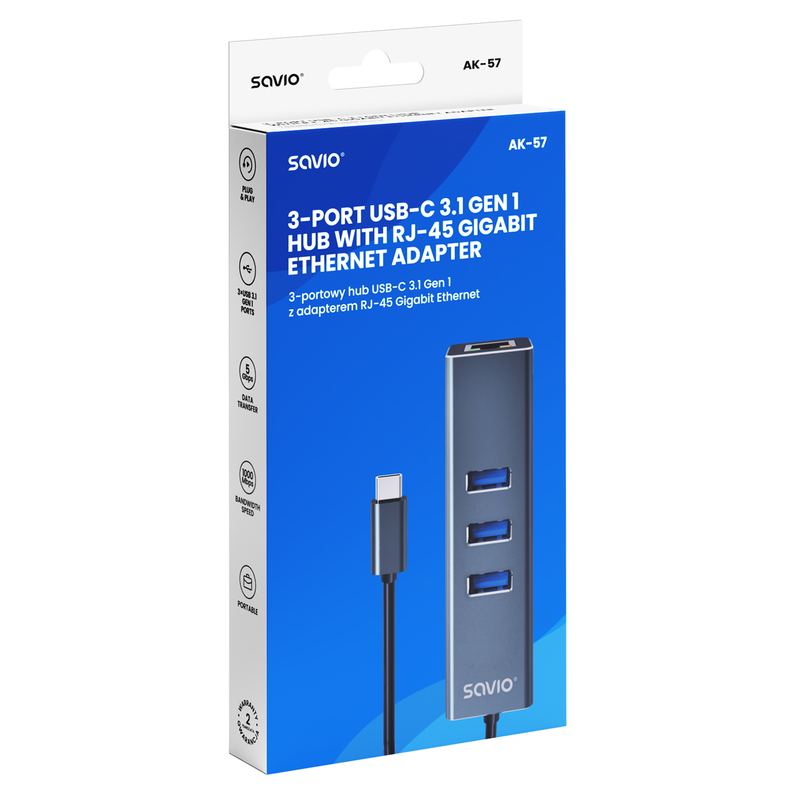 Verpackung eines Savio AK-57 USB-C Hubs mit Ethernet-Adapter.