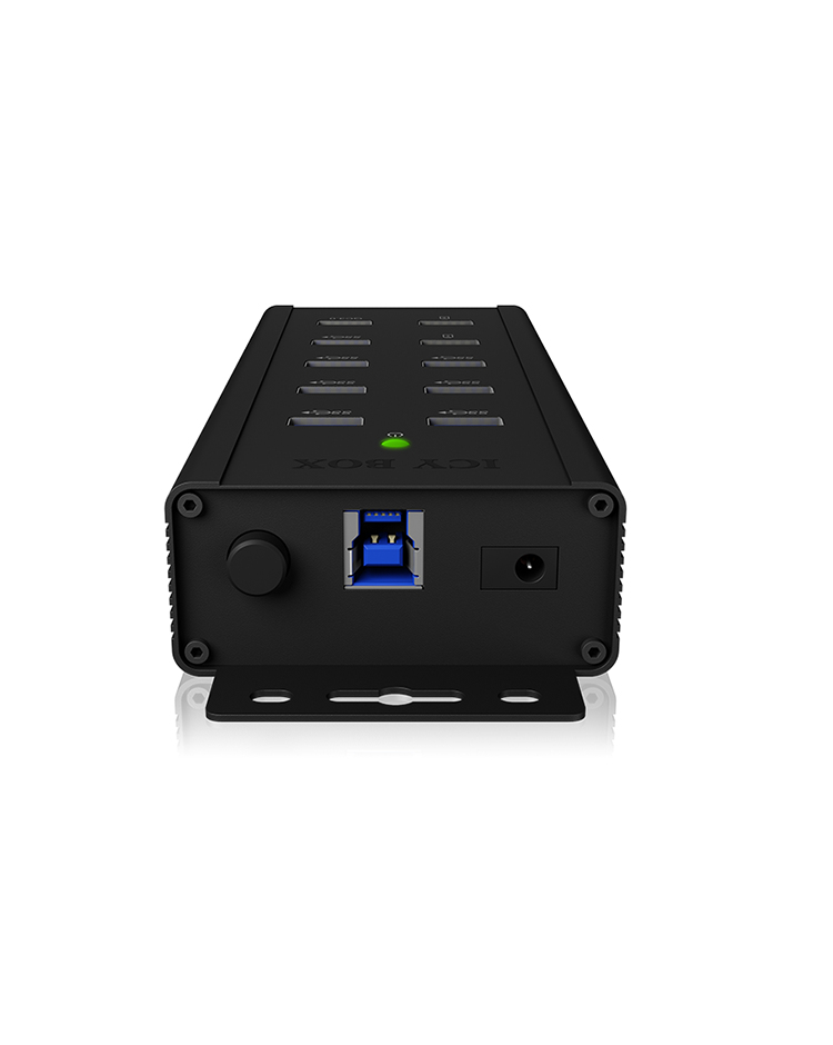 Hub USB nero a 10 porte con porta USB 3.0 blu, jack di alimentazione e LED verde.
