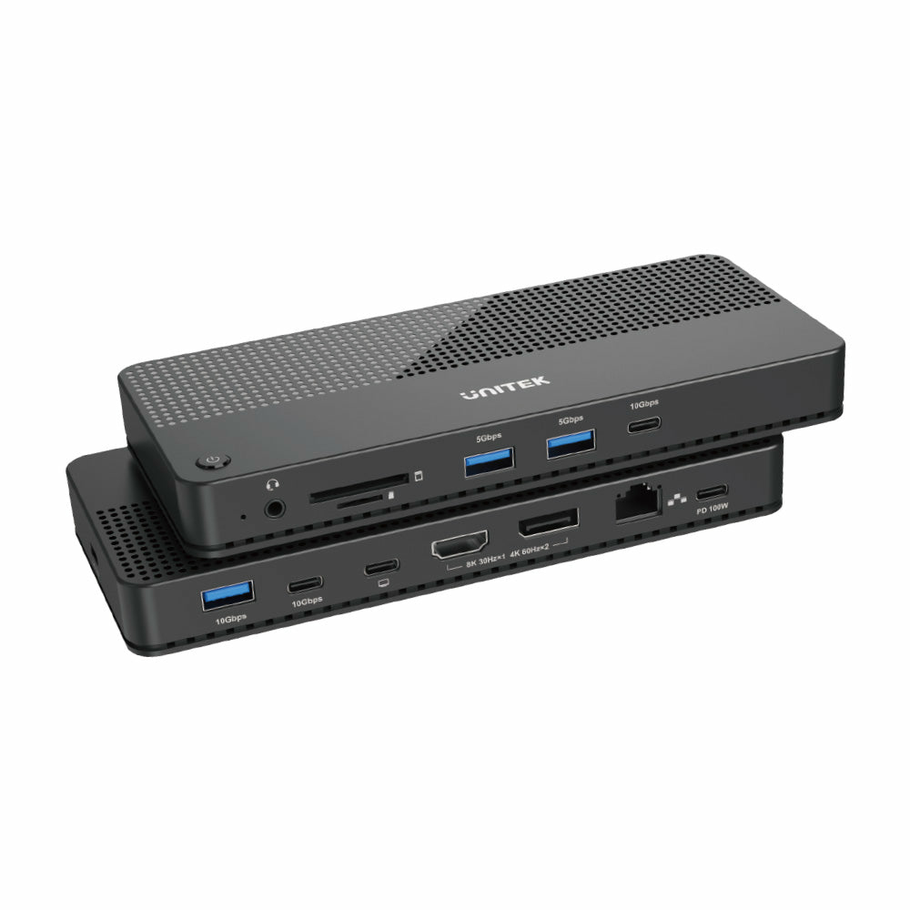 Due docking station Unitek nere con porte come USB e HDMI.