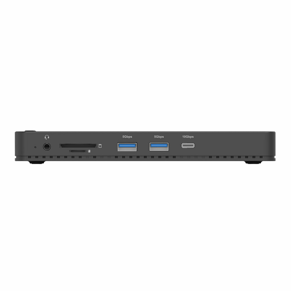 Un dock nero con porte: cuffie, lettore schede SD, 2x USB 5Gbps, 1x USB 10Gbps.