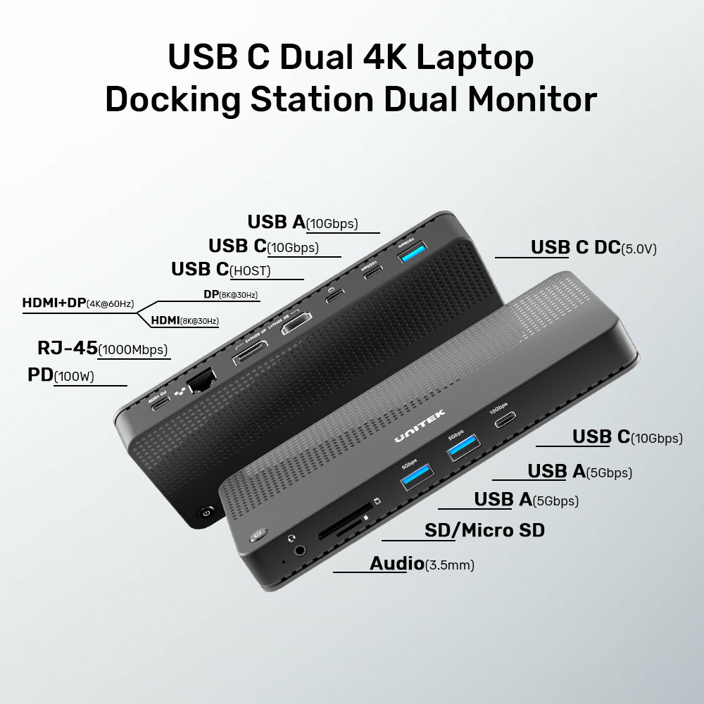 Due docking station USB-C con porte come HDMI, DP, USB-A, USB-C e lettore di schede SD.