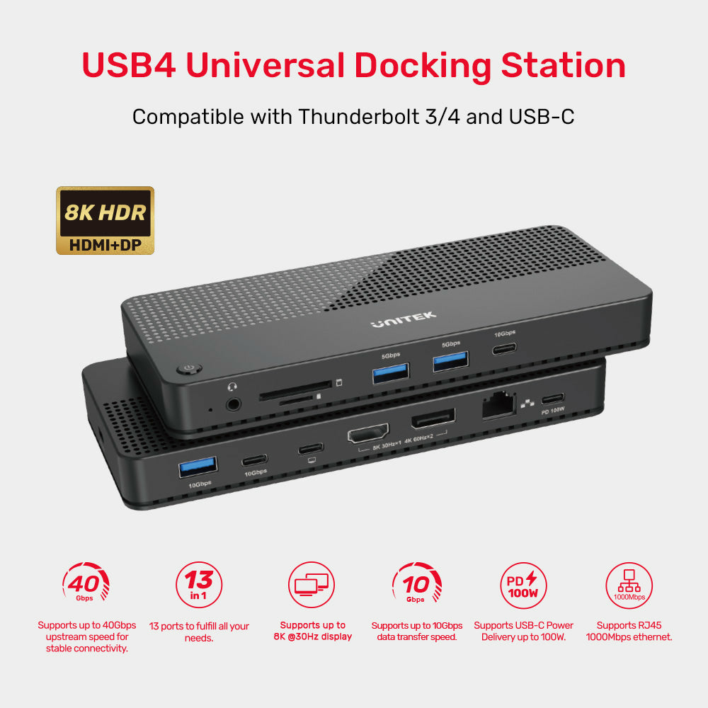 Due docking station USB4 nere con porte e specifiche.