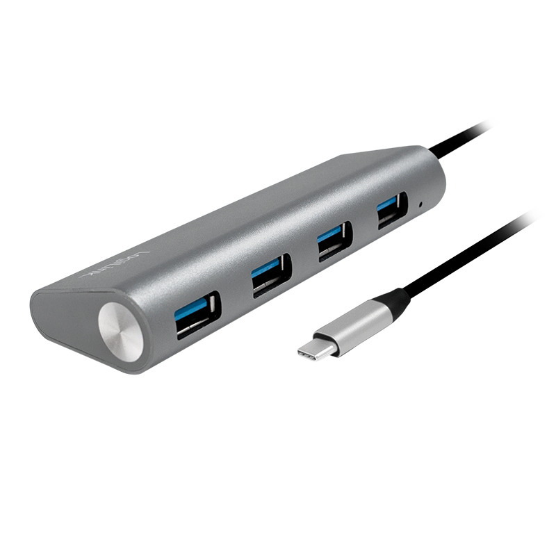 Grauer USB-C-Hub mit vier blauen USB-Anschlüssen und einem Kabel.