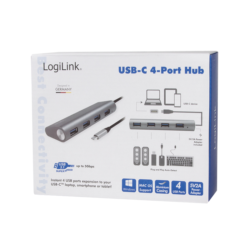 Verpackung eines LogiLink USB-C 4-Port Hubs mit Abbildungen und Spezifikationen.